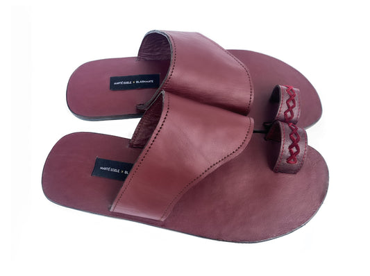 MARTÉ EGELE X BLARKMATE MENS MAROON LEATHER SLIP ON SANDALS