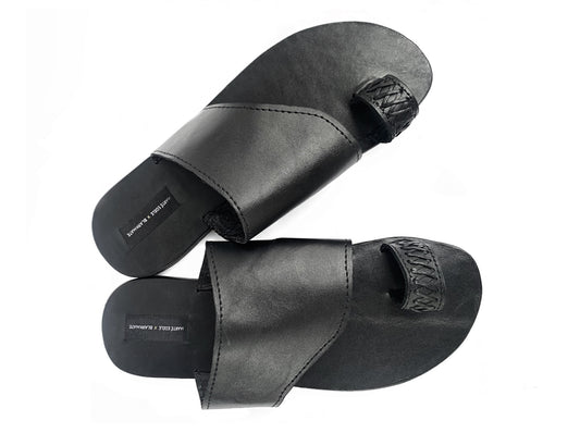 MARTÉ EGELE X BLARKMATE MENS BLACK LEATHER SLIP ON SANDALS