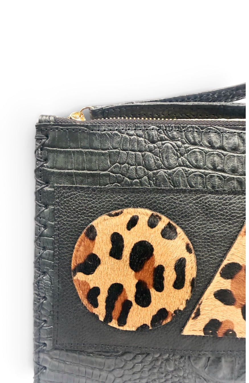 Black Croc Geo Flat Pouch
